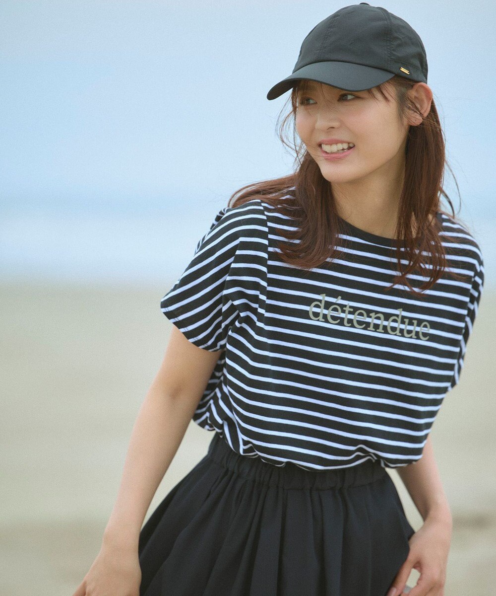 any FAM L 【新色追加/洗濯機可/接触冷感/UVケア】エニィファンクションフレンチスリーブTシャツ ブラックベースボーダー(ロゴ)